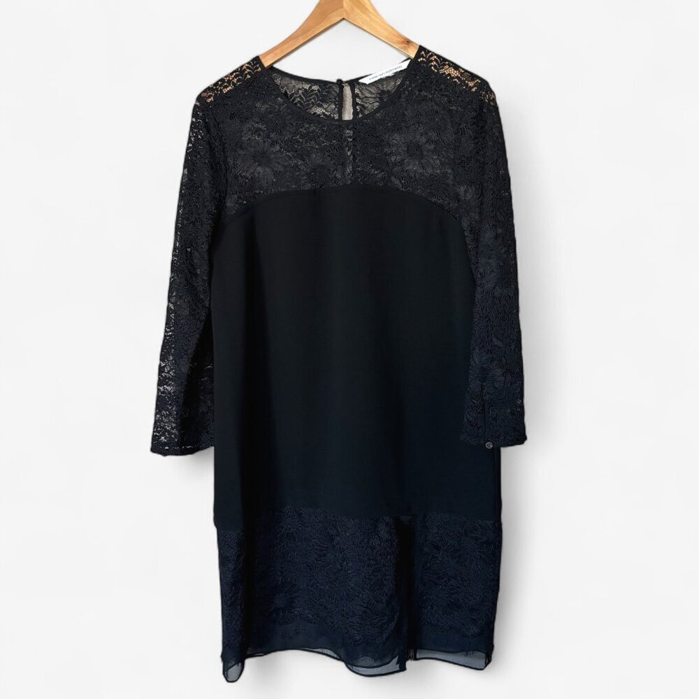 Diane von Furstenberg Lace Trimmed Black Shift Mini Dress Womens Size Medium LBD